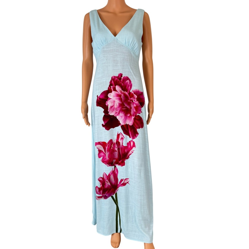 Paper Heart Blue Linen Blend Floral Maxi Dress TP25268 Small NWT